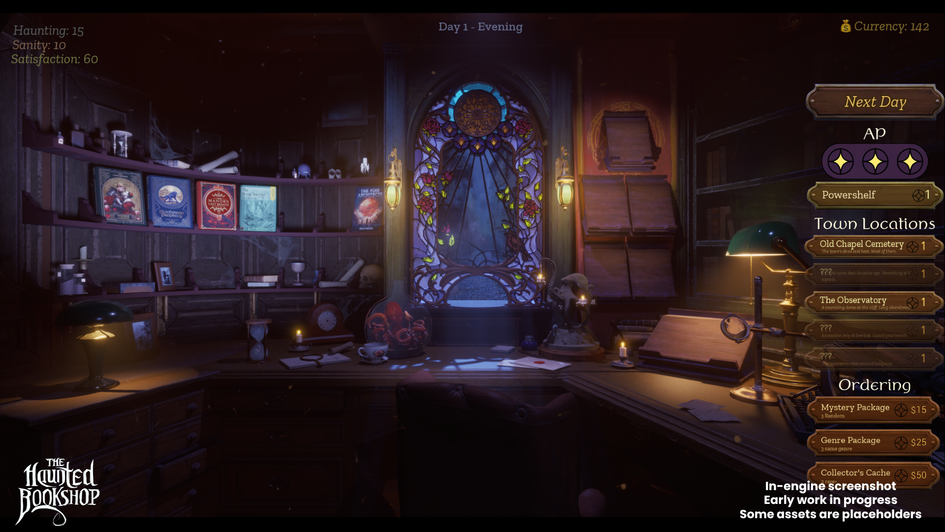 Nighttime bookshop atmosphere