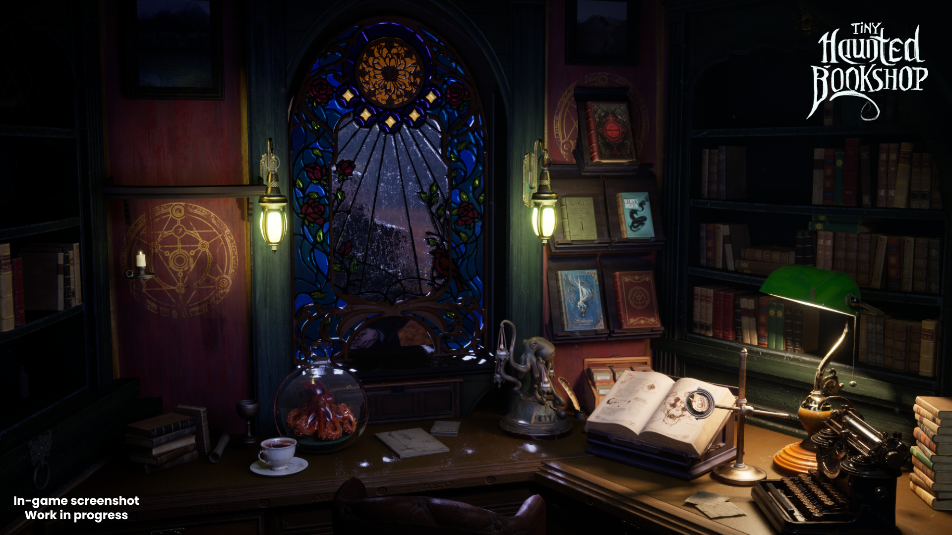 Nighttime bookshop atmosphere